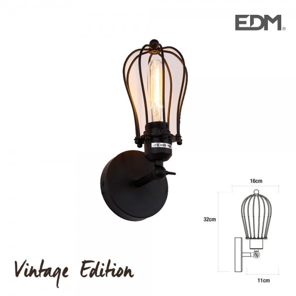 Aplique de pared metalico vintage e27 60 w color negro 11 x 16 x 32 cm